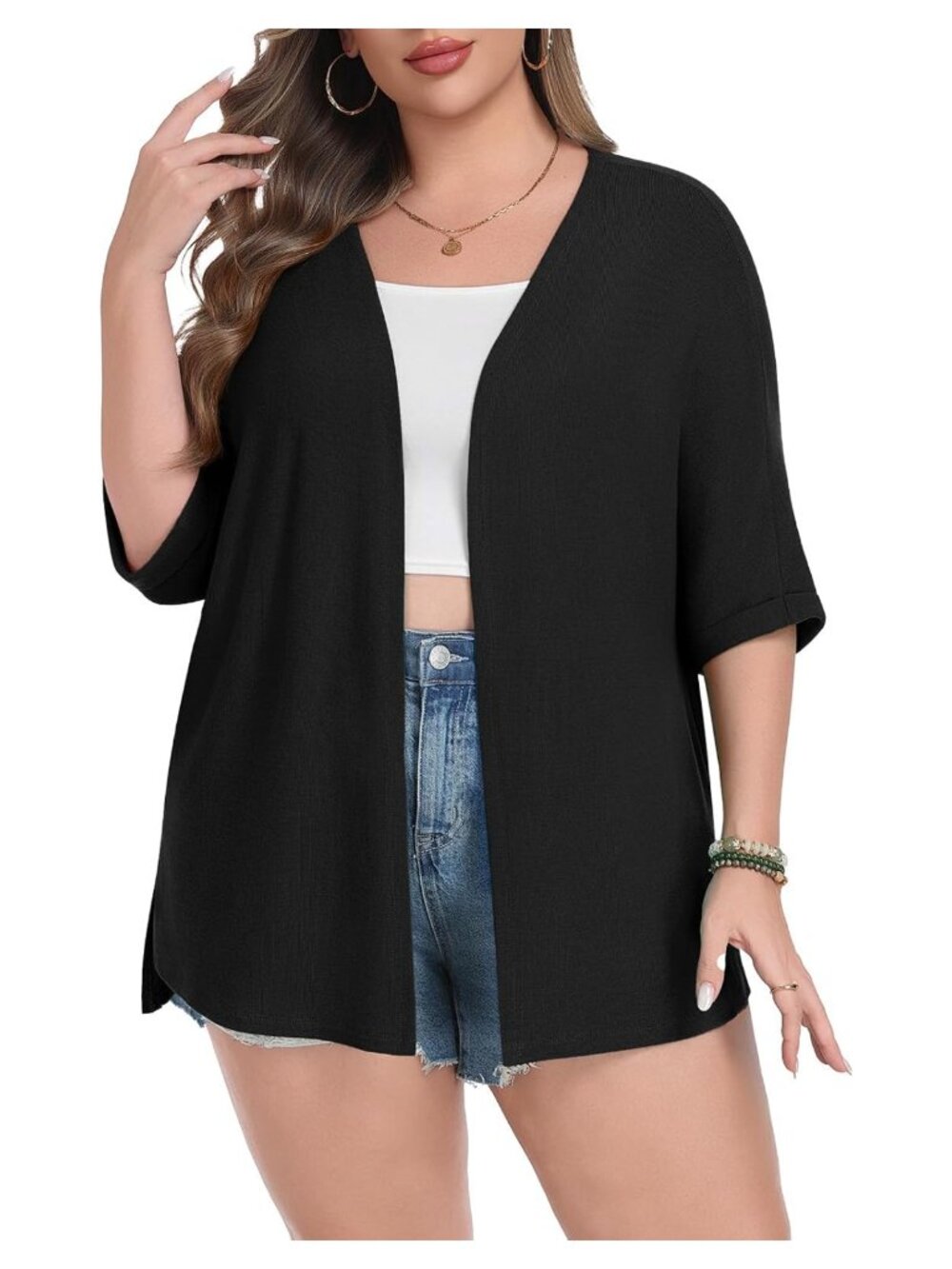 Plus Size Open Front Lightweight Short Sleeve Cardigan Summer Cover Up
